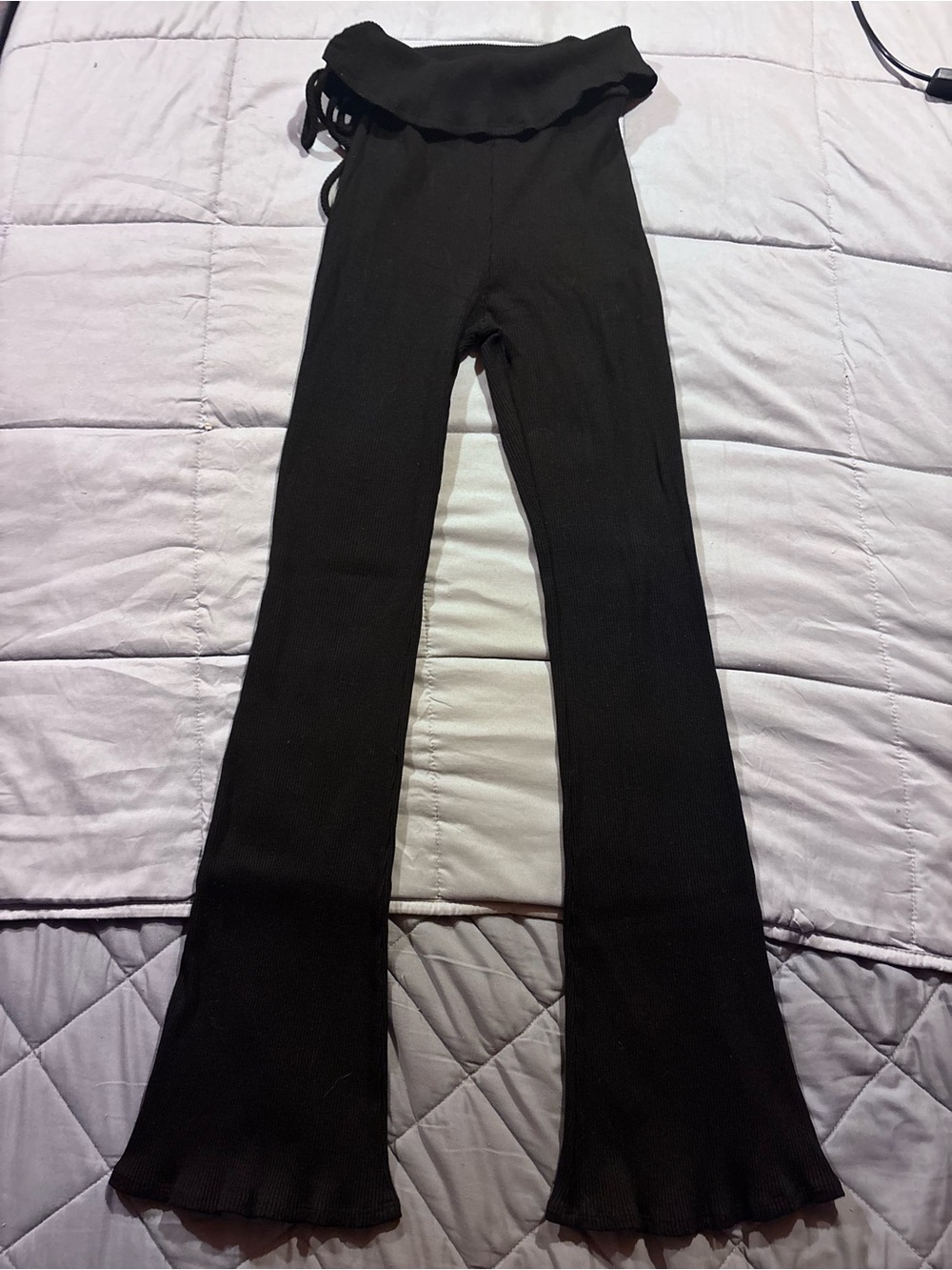 Windsor Black Ribbed Flare Pants with Ruffle Waist